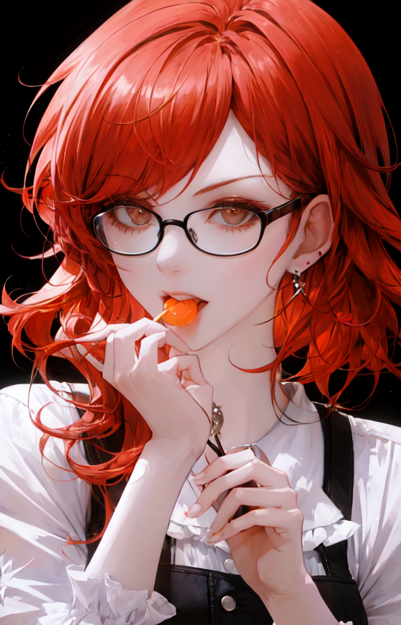 12193-272714650-1girl, orange hair, glowing hair, earrings, eating, fruits, glasses, black background, hands, focus on face, upper body.png